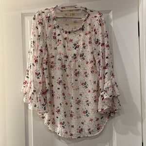 Matilda Jane Cream Floral Ruffle-Sleeve Blouse with Pink & Teal Flowers